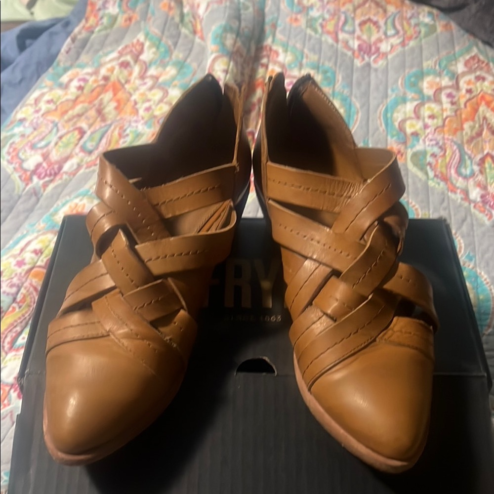 Frye Tan Leather Flats with Woven Design